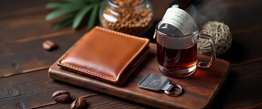 Leather wallet and coffee beans on rustic table, with gentle camera pan and warm, cinematic lighting, creating ambient motion as coffee steam rises, perfect for lifestyle branding.