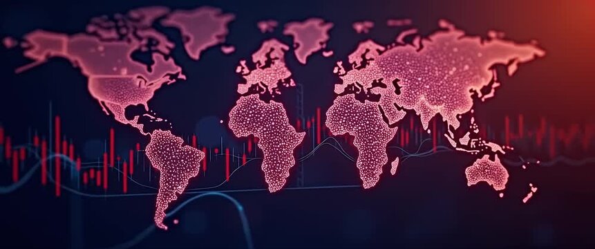 Illuminated world map with digital data overlay, glowing points pulsing gently; camera executes a slow pan across a futuristic, cinematic landscape, enhancing a global technology theme.