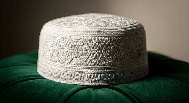 Traditional White Embroidered Chitrali Cap on Green Cushion