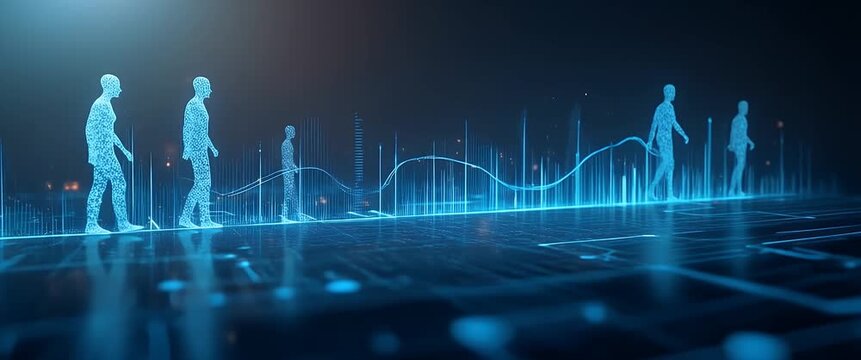Futuristic digital figures walk across a glowing data grid, with a steady camera pan revealing dynamic graphs and ambient light flickers, creating a cinematic technology evolution scene.