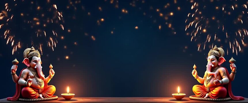 Festive Ganesha statues glow with flickering lamps as fireworks burst in a vibrant celebration; camera gently pans across the scene, capturing the lively atmosphere in a cinematic style.