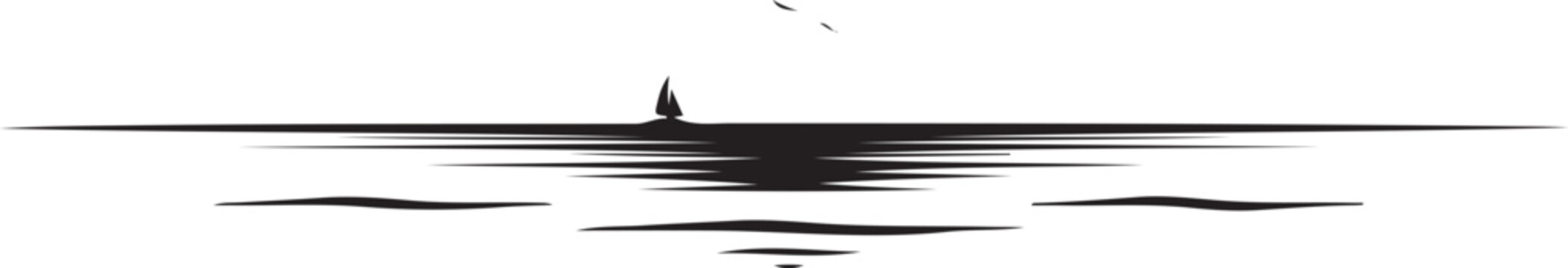 Sailboat silhouette on calm water surface with ripples and reflection in simple design