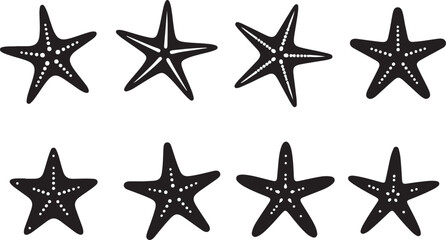 Obraz premium Set of eight black starfish silhouettes on a transparent background for ocean designs