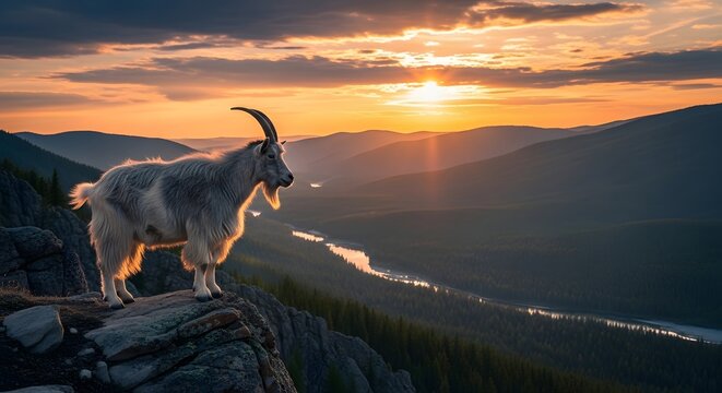 Majestic mountain goat standing on rocky cliff edge at sunset