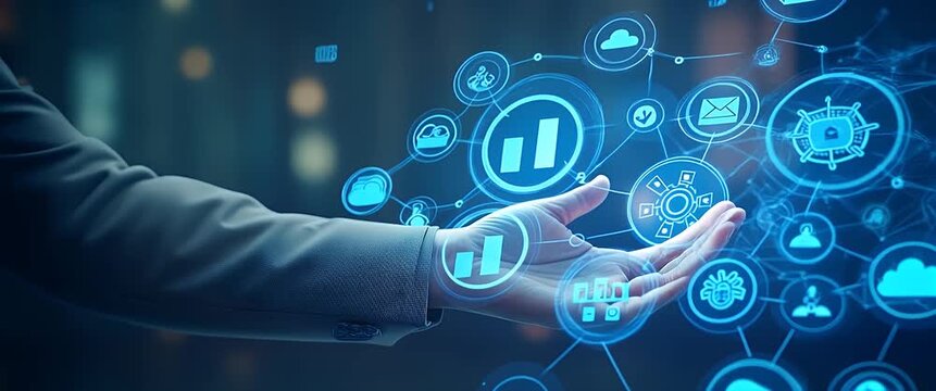 Futuristic digital interface with dynamic data icons gently animates, as the camera slowly pans, in a cinematic, high-tech ambiance, capturing the essence of innovation and business growth.