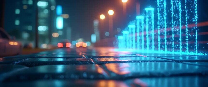 Vibrant urban night scene with glowing fountains and passing cars, viewed through a cinematic lens; camera gently tracks along wet cobblestones, capturing dynamic city lights and ambient motion.