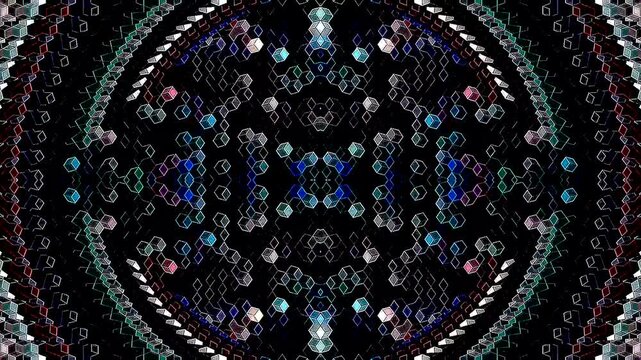 Glowing abstract hexagonal pattern with symmetrical composition on a dramatic black background.