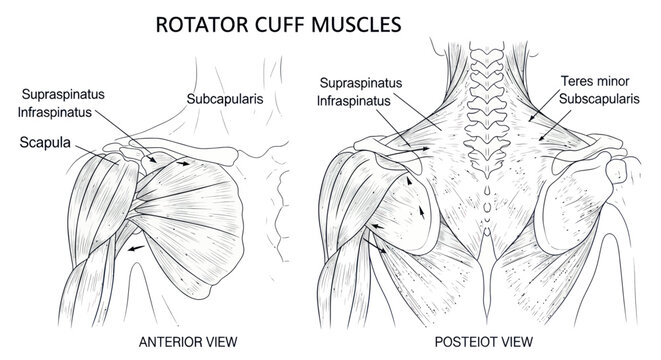 Rotator Cuff Muscles Anatomy Diagram - Anterior and Posterior Views