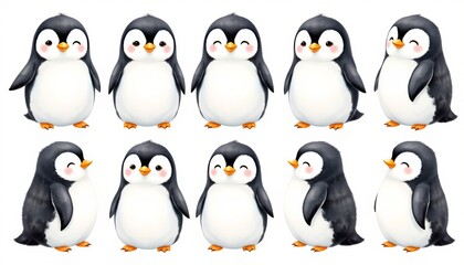 Fototapeta premium Adorable Watercolor Baby Penguins Pastel Grid Arrangement