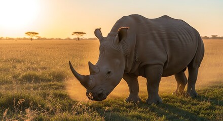 Fototapeta premium A rhinoceros grazing in a vast savannah at sunrise with acacia trees in the distance