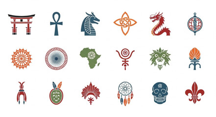Collection of diverse cultural symbols and emblems. © Plus