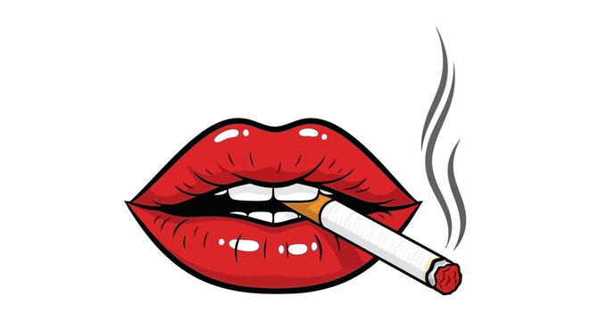 Vibrant red lips are holding a lit cigarette, exhaling smoke in a bold pop art style.