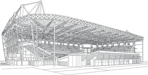 Detailed black and white line art illustration showcasing the complex structural engineering and steel framework of a modern stadium grandstand under a large covered roof system © Murshid