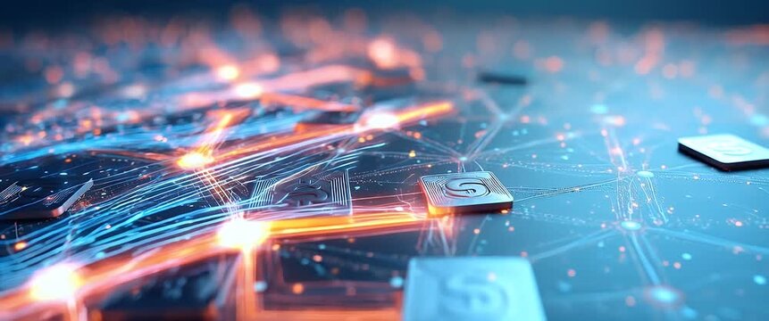 Futuristic digital currency network with glowing nodes, as data flows dynamically, enhanced by a smooth cinematic pan, highlighting blockchain innovation and technology.