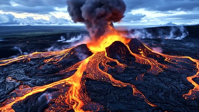 Volcanic Eruption with Flowing Lava and Smoke.