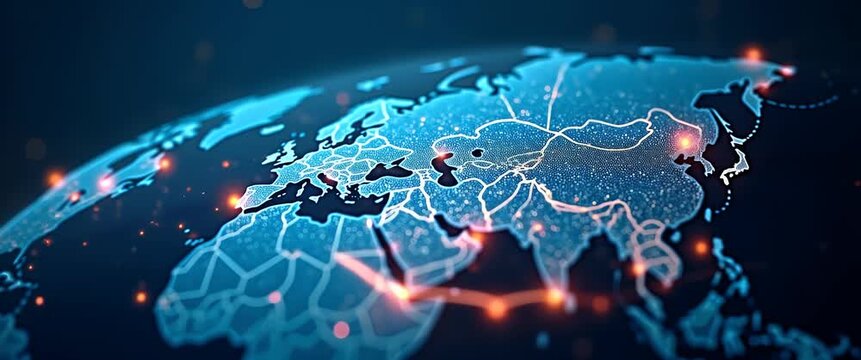 Cinematic global network visualization with glowing digital connections, steady camera pan over a 3D-rendered Earth, ambient bokeh lights flicker, showcasing technology and innovation.