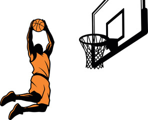 Dynamic illustration captures an athletic basketball player powerfully leaping high into the bright blue sky preparing to execute an impressive slam dunk directly above the net © Murshid
