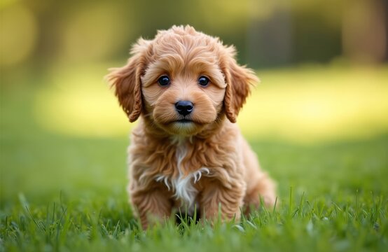 Fluffy golden brown mini Goldendoodle puppy sits on green grass. Cute dog with big dark eyes looks directly ahead. Small canine rests outdoors in warm sunlight. Adorable pet is fluffy.