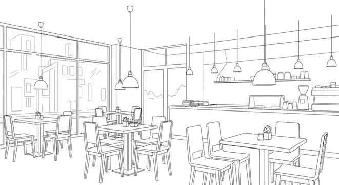 Outline drawing of a modern cafe interior featuring various seating arrangements tables chairs and a prominent service counter area with coffee equipment visible through large windows.