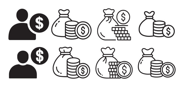 Wealth and savings line icon set with money bags and stacks of coins. vector illustration eps 10