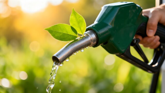 Hand holding a green fuel pump nozzle with vibrant green leaves and clear water flowing out, symbolizing sustainable and eco-friendly renewable energy solutions for a cleaner future.