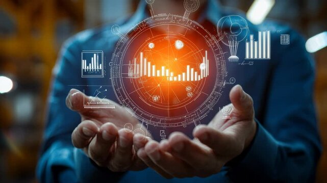 hands holding glowing cancer hologram over palms, researcher in blue shirt presents interactive molecular interface with orange core and circular data rings,