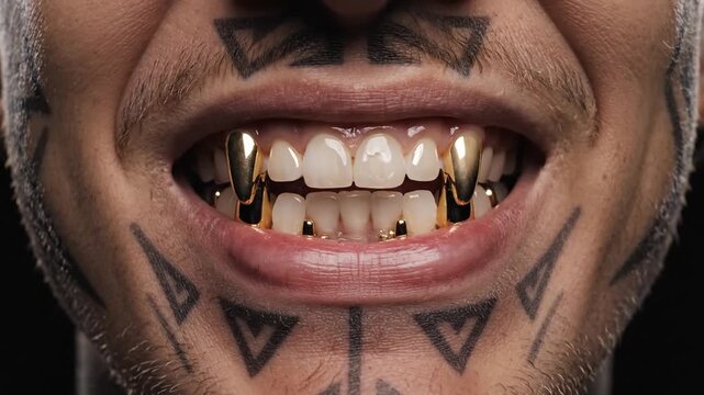 Tattooed Man with Gold Teeth Grin Closeup.