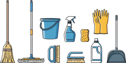 Collection of essential household cleaning supplies including a broom mop bucket spray bottle gloves brushes sponge and dustpan isolated on white background for sanitation concepts © Murshid