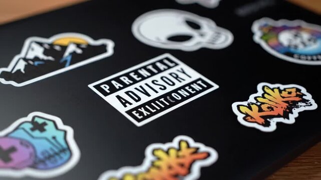Assortment of Stickers on Black Surface with Parental Advisory