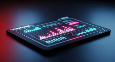 Futuristic digital interface displaying graphs, charts, and data analysis on a tablet screen with neon lighting effects