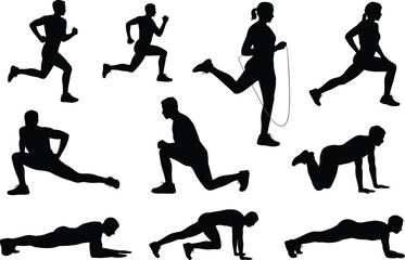 Obraz premium Running and home workout silhouette collection with men and women exercising isolated on white background, flat vector illustration