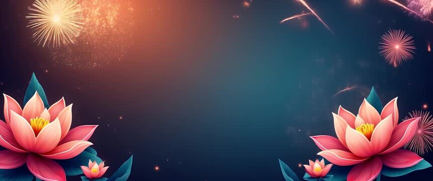 Vibrant fireworks burst gracefully over serene lotus flowers, while the camera slowly pans across the scene; a magical, cinematic display of nature and celebration in harmonious motion.