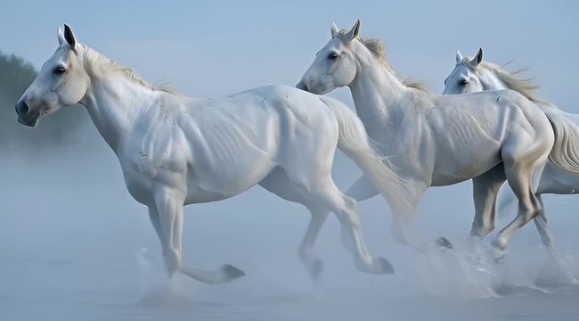 white wild horses running through misty water