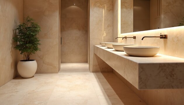 Clean modern bathroom vanity with multiple round sinks. Beige marble walls and counter create a warm luxurious feel. A green potted plant adds natural decor.