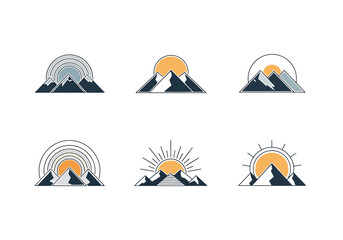 Collection of stylized mountain range icons with sun rising behind peaks digital art for adventure themes and outdoor branding graphic elements © Jonmart