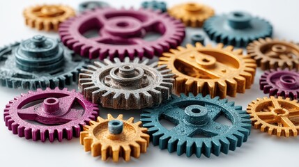 Assortment of brightly colored mechanical components are arranged on a plain white surface