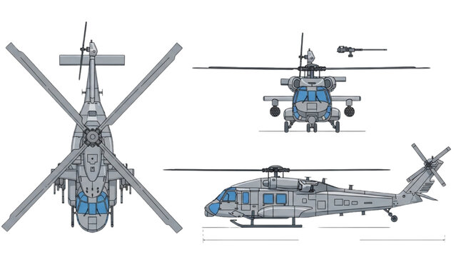 A detailed vehicle autocad blueprint of a helicopter from multiple viewpoints showcasing its design and technical specifications