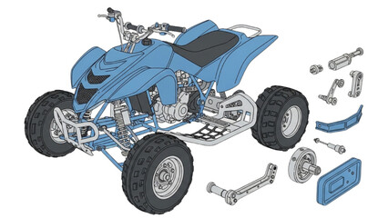 Detailed vehicle autocad blueprint illustration of a quad bike with disassembled parts and tools © Stock Image Paradise