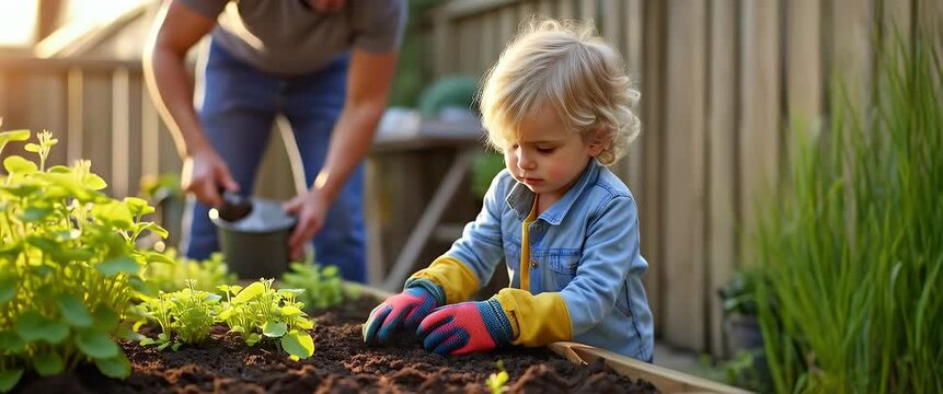 A child eagerly plants seeds in a sunlit garden bed, as the camera gently pans to capture the warm, nurturing atmosphere and subtle movement of leaves in a cinematic, family-friendly scene.