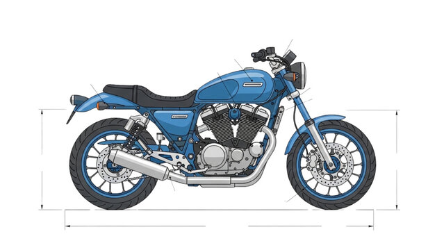 Detailed vehicle autocad blueprint of a blue motorcycle in a technical drawing style