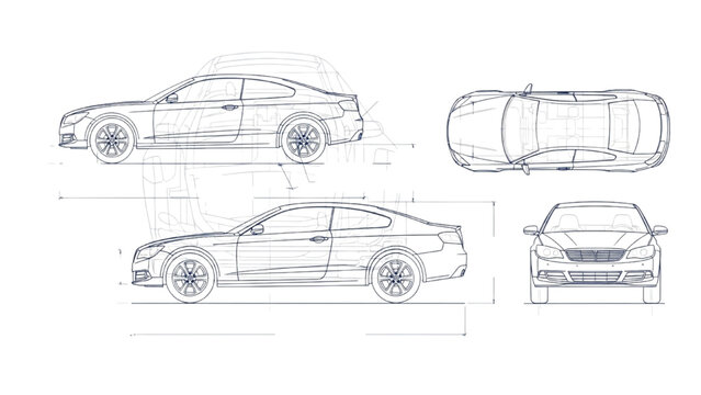 Detailed vehicle autocad blueprint illustration showcasing multiple viewpoints of a car from various angles and perspectives in a technical drawing