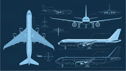Detailed vehicle autocad blueprint of various aircraft designs and airplane technical drawings from an overhead viewpoint © Stock Image Paradise