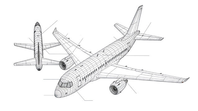 Detailed vehicle autocad blueprint of an airplane in isometric view showcasing technical design and engineering aspects
