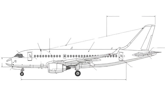 Detailed vehicle autocad blueprint of an airplane in technical drawing format showcasing dimensions and aircraft design