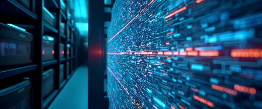 Futuristic data stream flows dynamically across a digital interface as the camera pans slowly through a high-tech server room, creating a cinematic and immersive technology backdrop.