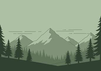 Serene Mountain Landscape with Evergreen Forest and Cloudy Sky Backdrop for Outdoor Adventure Themes © Jonmart