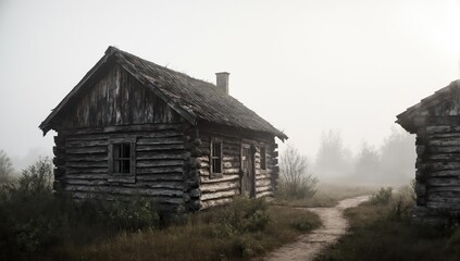 Obraz premium Rustic wooden cabin and outbuilding shrouded in mist and fog on a misty path
