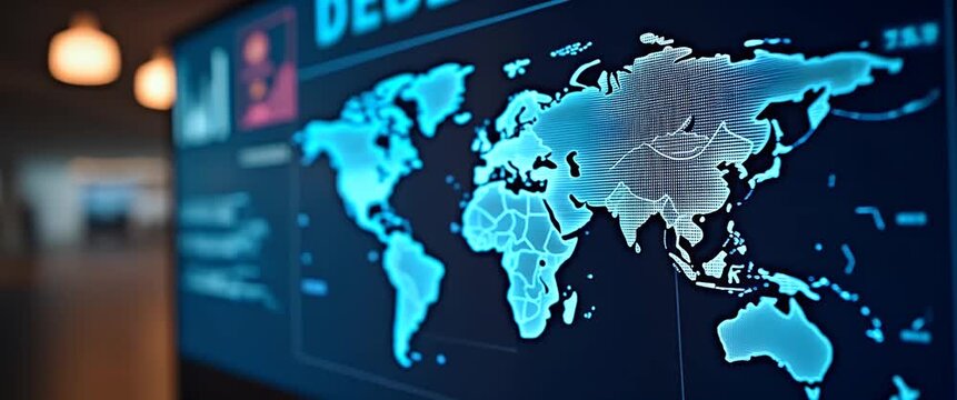 Cinematic world map display with gentle ambient motion, as data visualizations flicker; camera slowly pans across a modern office environment, emphasizing global technology and innovation.