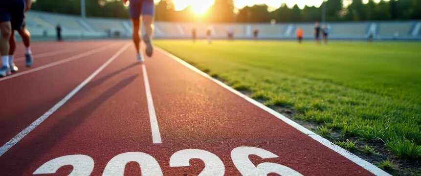 Runner strides confidently on track marked 2026, with a cinematic sunset glow; camera gently pans as ambient sunlight flickers, capturing athletic determination and futuristic goals.