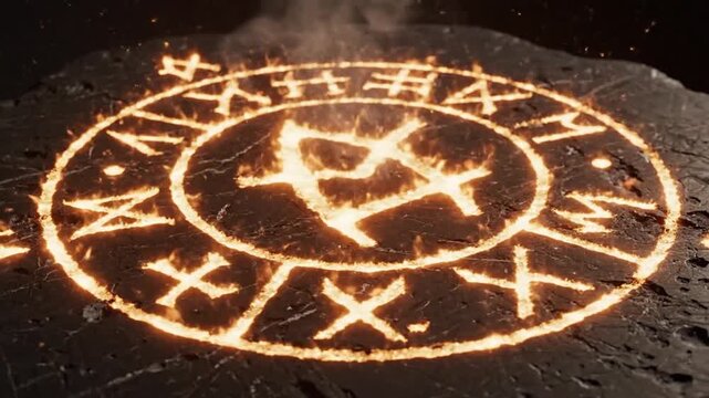 Glowing runic symbols etched on ancient black stone